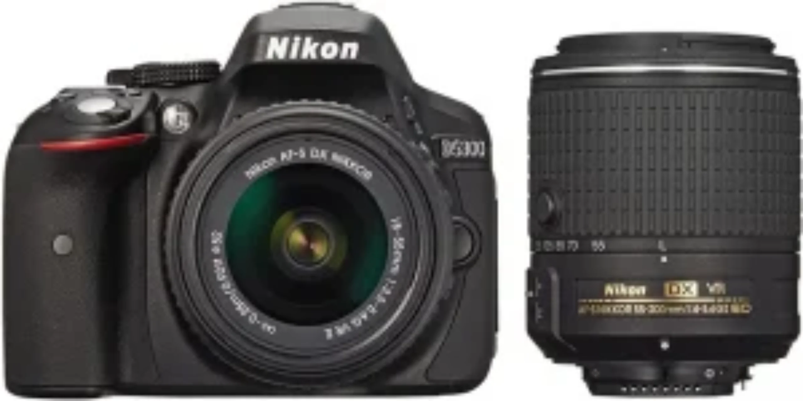 Nikon D5300 DSLR camera with attached lens on the left and additional Nikon DX VR lens on the right. #Nikon d5300 camera