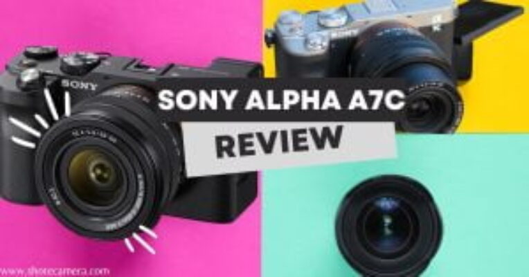 Two Sony Alpha A7C cameras displayed on a dual-tone background, one black and one silver, with the text “Sony Alpha A7C Review” prominently featured in the center.