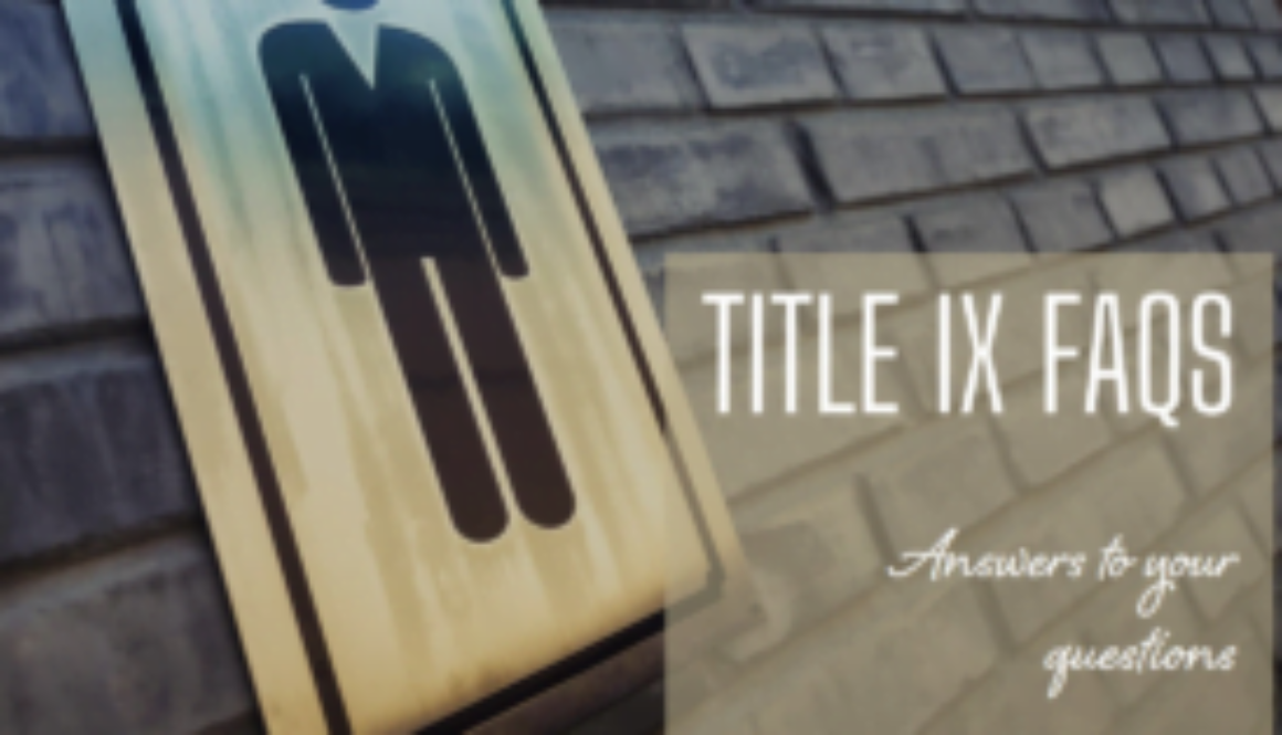 A sign with a symbol of a person and the text “Title IX FAQs” displayed on a brick wall background.