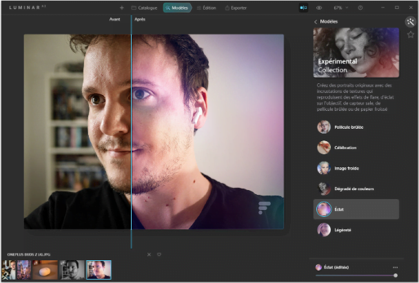 A screenshot of a photo editing interface from Luminar AI, showing an image of a person with the face blurred for privacy. The editing tools and presets are visible on the sides, indicating the software’s capabilities in enhancing and modifying digital images.