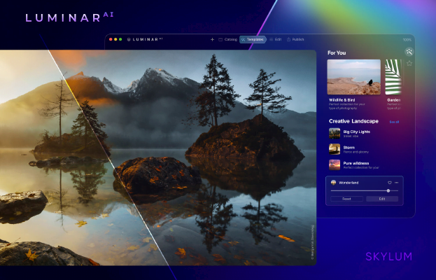 Screenshot of Luminar AI software by Skylum, showcasing a vibrant and detailed photo editing interface with a stunning landscape image featuring mountains, trees, and reflections on water.