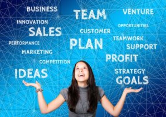 Marketing Services guru.com : A person with obscured face stands with arms outstretched in front of a vibrant blue background filled with white business-related words like “TEAM,” “SALES,” “PLAN,” and “IDEAS.