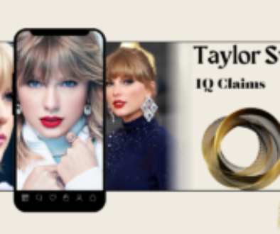 An image with the text 'Taylor Swift IQ' against a background of musical notes, symbolizing the exploration of Taylor Swift's intelligence and musical genius.