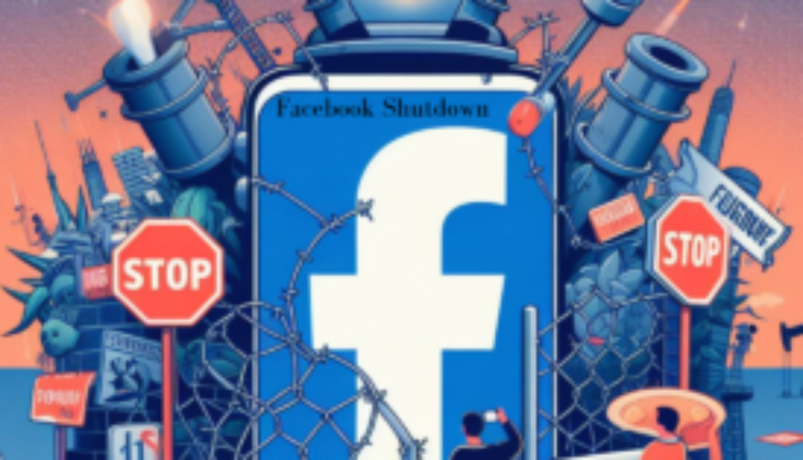 Illustration depicting a computer screen showing error message with Facebook logo, symbolizing the Facebook shutdown.