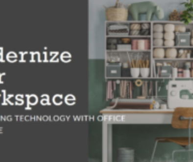 A modern workspace featuring a neatly organized desk with a sewing machine, shelves filled with supplies, and a potted plant, accompanied by text promoting the integration of technology with office furniture.