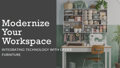 A modern workspace featuring a neatly organized desk with a sewing machine, shelves filled with supplies, and a potted plant, accompanied by text promoting the integration of technology with office furniture.